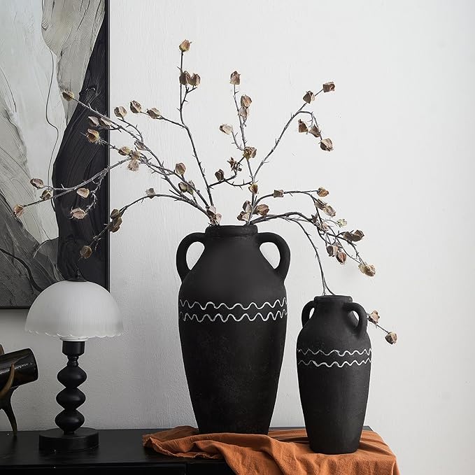 Large Black Ceramic Vase, 14.5" H Farmhouse Rustic Decorative Vase Table Centerpiece, Pottery Terracotta Tall Vases Living Room Bathroom Weddings Decorations