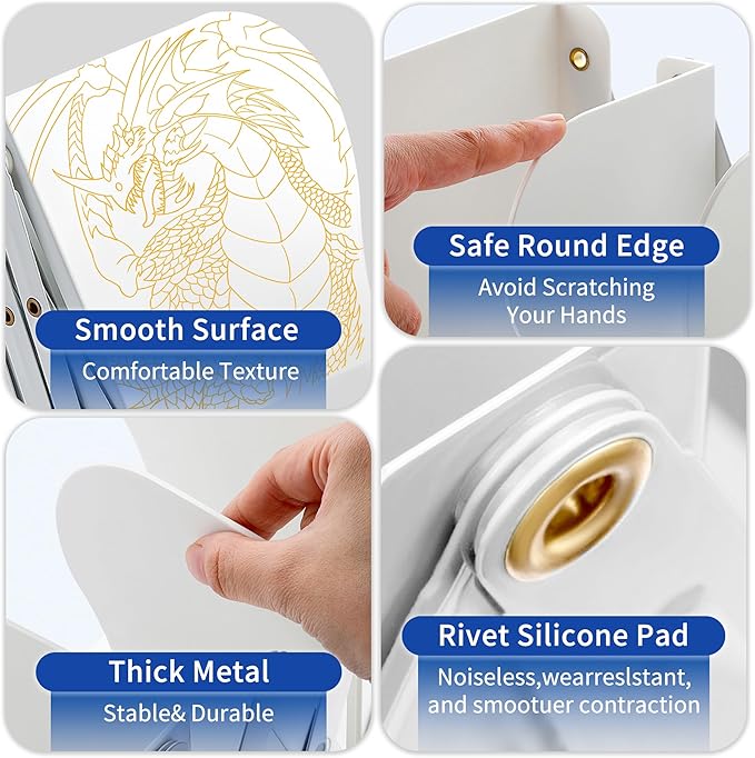 Dragon Bookends, Adjustable Bookends, Unique Book Holders for Shelves, Metal Book Ends for Heavy Books, Non-Skid Book Stander for Desk, Shelf, Office, Stationery Gift (White 2)