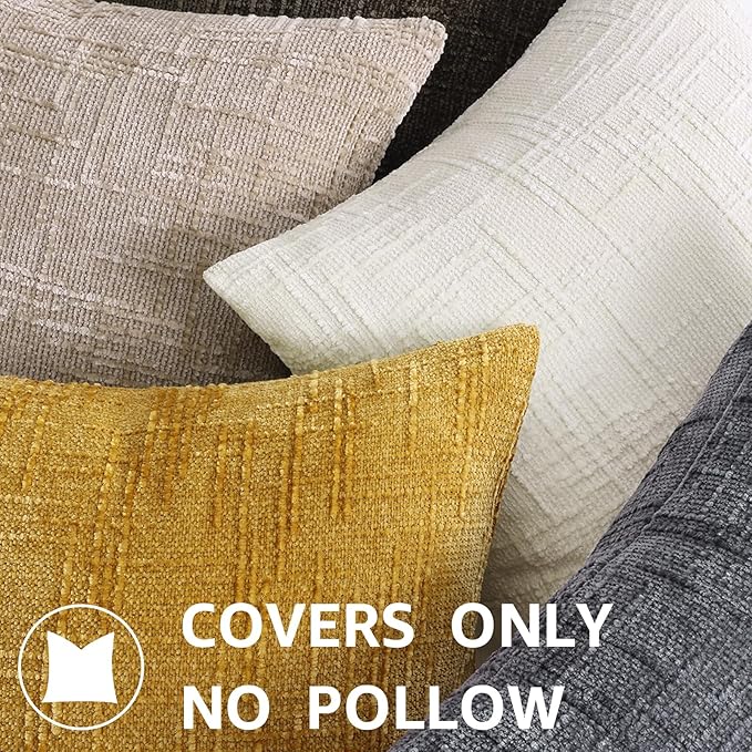 decorUhome Mustard Yellow Chenille Throw Pillow Covers 18x18 Set of 2 Thick Textured Slubby Couch Pillow Covers Farmhouse Accent Modern Neutral Decorative Pillow Cases for Bed Sofa Living Room