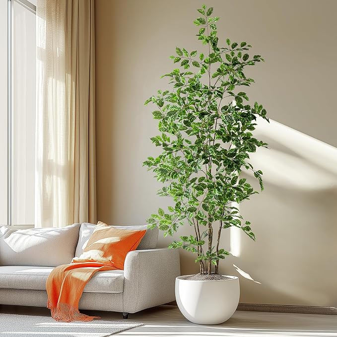 Artificial Ficus Tree Indoor 7ft, Large Potted Faux Tree with Realistic Silk Leaves & Trunk for Home Office, Living Room Corner Decor