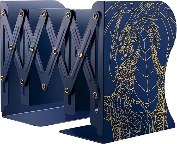 Dragon Bookends, Adjustable Bookends, Unique Book Holders for Shelves, Metal Book Ends for Heavy Books, Non-Skid Book Stander for Desk, Shelf, Office, Stationery Gift (Blue 2)