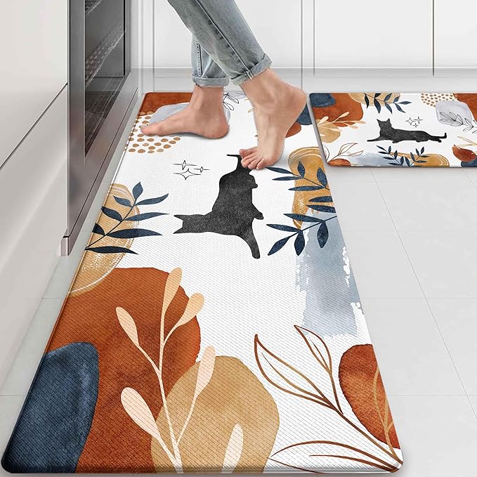 Boho Kitchen Rug Mats for Floor Cushioned Anti Fatigue Kitchen Rugs Sets of 2 Botanical Black Cat Non Slip Waterproof Comfort Memory Foam Standing Floor Mat for Office Laundry Sink Desk