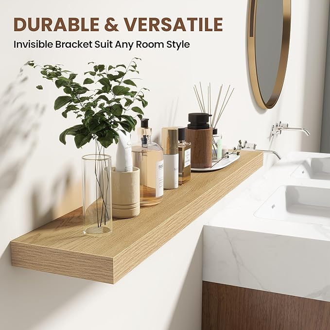 48 Inch Floating Shelves for Wall 2 Pack, 48" Wall Shelves for Books, Storage, Decor, Wall Mounted Floating Shelf with Invisible Brackets for Kitchen, Living Room, Oak
