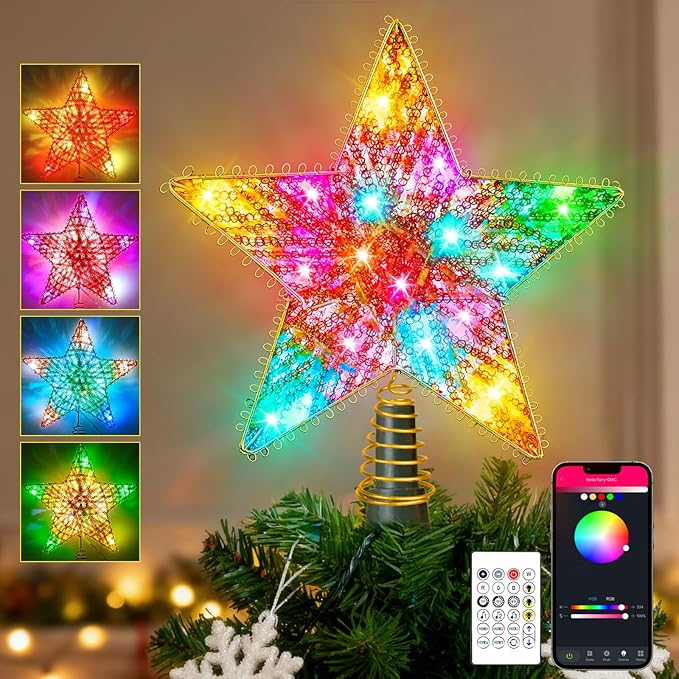 Christmas Tree Star Topper, LED Tree Decorations, UL Certified Colorful Star Tree Topper Lights for Home Garden USB Plug in Xmas Tree New Year Holiday, APP and Remote Control, DIY Dimmer(Gold)