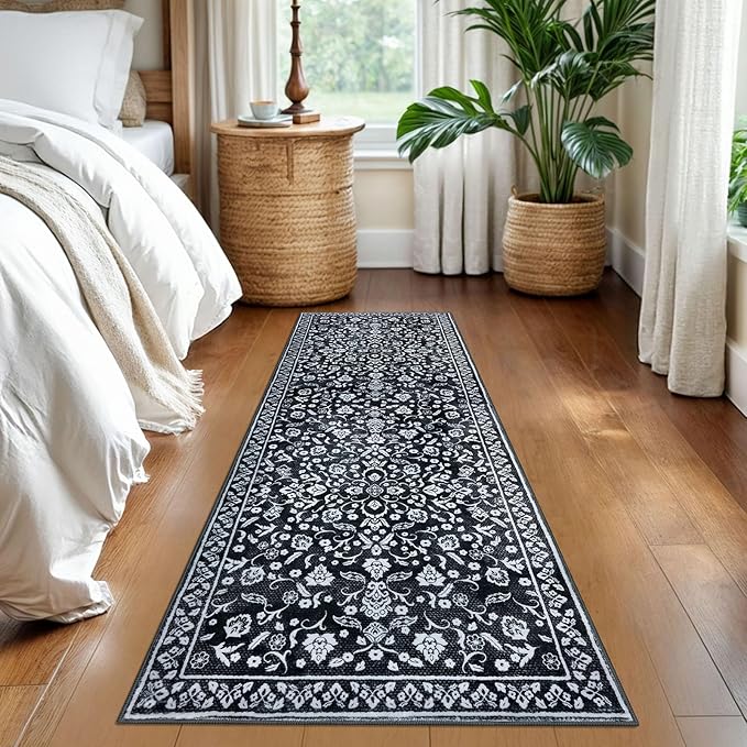 Vintage Washable Runner Rug 2x6, Black White Runners for hallways, Super Soft Kitchen Runner Rug Non Slip, Printed Faux Wool Floral Thin Carpet Runner for Entryway Laundry Room Bedroom