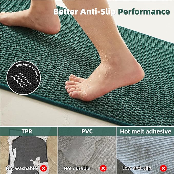 Bathroom Runner Rugs, Long Bath Mat Runner Washable Thin Quick Dry Low Pile Bathroom Runner Rugs Non Slip, Dark Green 24"x70"
