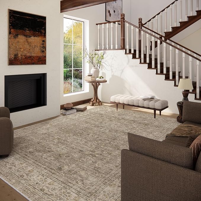Machine Washable Rugs for Living Room: 10x14 Area Rugs for Bedroom Vintage Stain Resistant Non Slip Low Pile Lightweight Boho Carpet for Kitchen Dining Room Farmhouse Kids Room Nursery