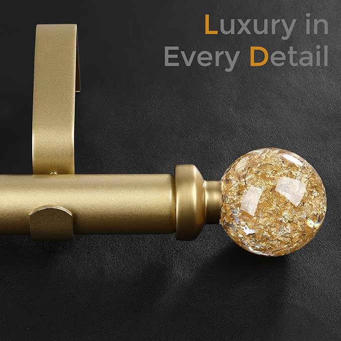 Gold Curtain Rods for Windows 28 to 48 Inch, 1'' Heavy Duty Adjustable Drapery Rod with Unique Crystal Ball Finials, Modern Decorative Curtain Rod,Size; 30-60''