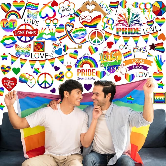 Eersida 6 Sheets Gay Pride Wall Stickers LGBTQ Rainbow Wall Decals Removable Vinyl Love Hearts Lesbian Gay Pride Sticker for Living Room Bedroom Home Month Decor Support