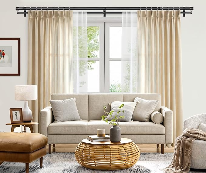 TONIAL1 Inch Double Curtain Rods 72 to 144 Inch (6 to 12 ft), Heavy Duty Decorative Drapery Rod for Windows 69 to 140 Inch (5.75 to 11.7 ft) with Classic Cap Finial, Black