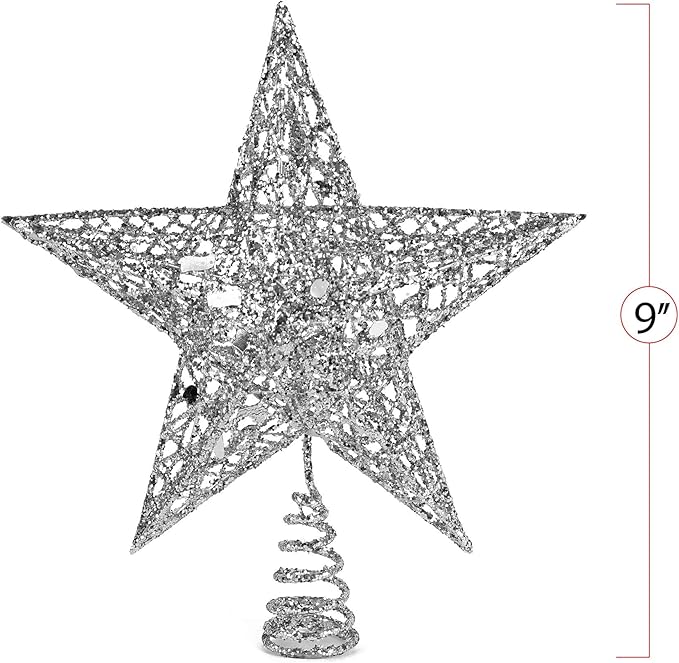 Ornativity Silver Star Tree Topper - Christmas Silver Glitter Sparkle Star Ornament Holiday Decor Top Toppers Xmas Decoration 9"