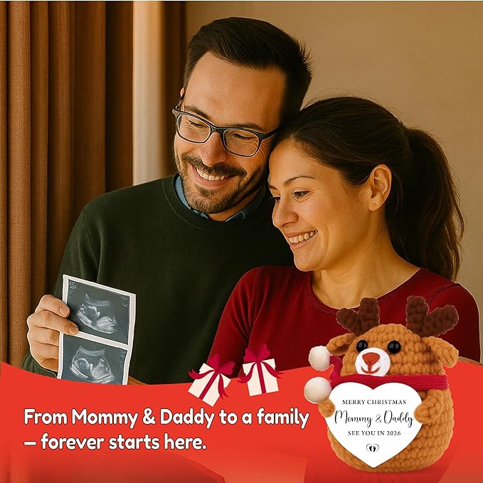 Babys First Christmas Ornament 2025 – Pregnancy Gifts for Parents Husband Wife, New Mom Gifts and New Dad Gift, Baby First Idea, Cute Crochet Reindeer Decor Holiday Keepsake