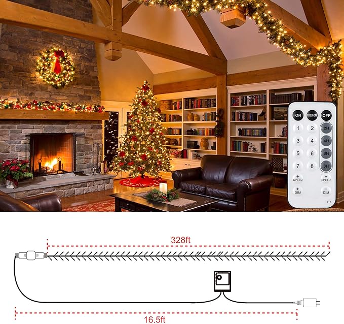 328 FT 1000 LED Christmas Lights, Waterproof Christmas Lights Outdoor with 8 Modes&Timer, Plug in Fairy Light for Xmas Garden Patio Tree Party Holiday Decoration (Warm White