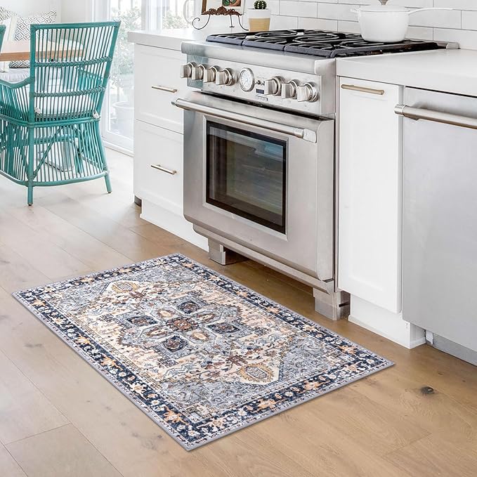 KOZYFLY Small Area Rug 2x3 Ft Rugs for Entryway Washable Boho Entry Rug Non Slip Door Mat Indoor Entrance Faux Wool Vintage Printed Kitchen Rug Throw Rugs for Entrance Kitchen, Blue Gray/Cream