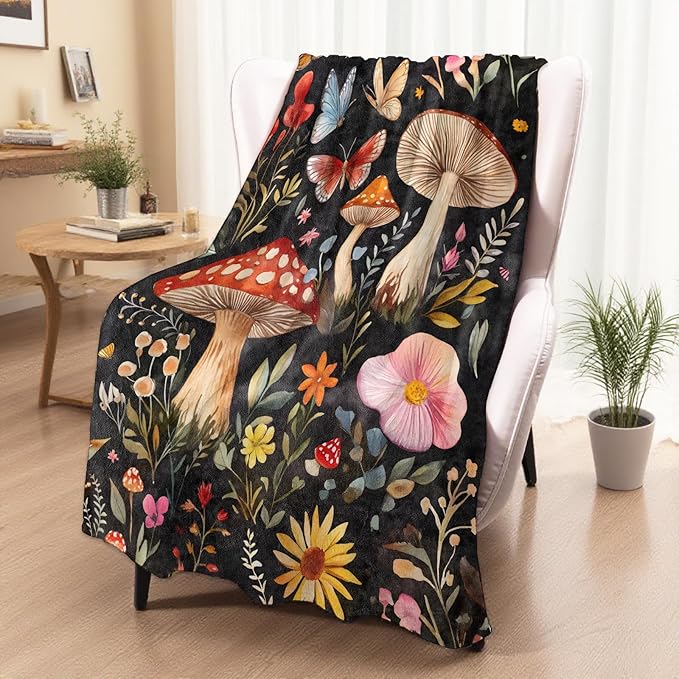 Colorful Mushroom Blanket, Cozy Plush Butterfly & Wildflower Throw Blanket for Couch Bedroom Outdoor, Lightweight Soft Flannel Travel Blankets, Gifts for Women Adults Kids, Warm Decor 50"×60"