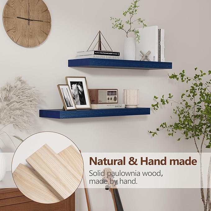 fuqing Dark Blue Floating Shelves | 24 Inch Floating Shelves for Wall Set of 2 | 24" W x 6.7" D x 1.4" H Blue Shelves for Bathroom Living Room Bedroom Kitchen