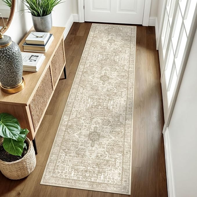 2x8 Washable Printed Runner Rug for Hallways, Light Beige Grey Brown Soft Neutral Vintage Runner with Non-Slip, Non-Shedding Boho Rug for Bedroom Kitchen Porch Laundry Indoor