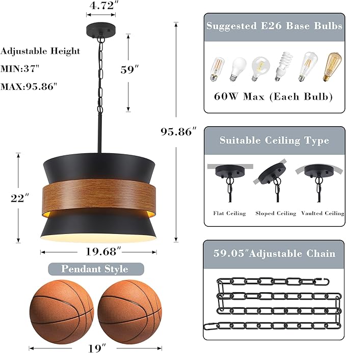 5 Light Large Farmhouse Chandelier, Black Vintage Industrial Light Fixture, Rustic Round Coastal Pendant Light Adjustable Hanging for Dining Room Living Room Kitchen Island Foyer Hallway