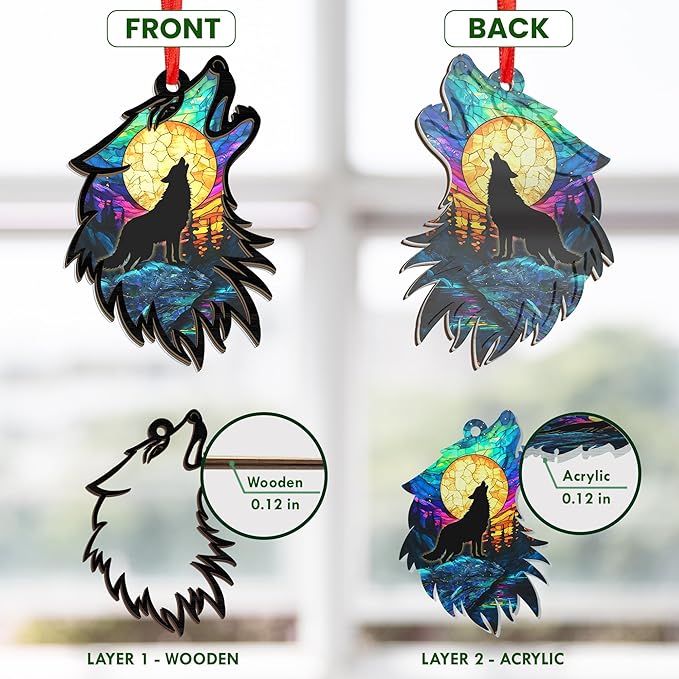 Christmas Wolf Gifts for Women Men - Suncatcher Ornaments 2025 - Wolf Ornaments for Christmas Tree, Wolves Gifts for Animal Lovers Kids Boys Girls, Animal Lover Gift Ideas for Xmas Decorations