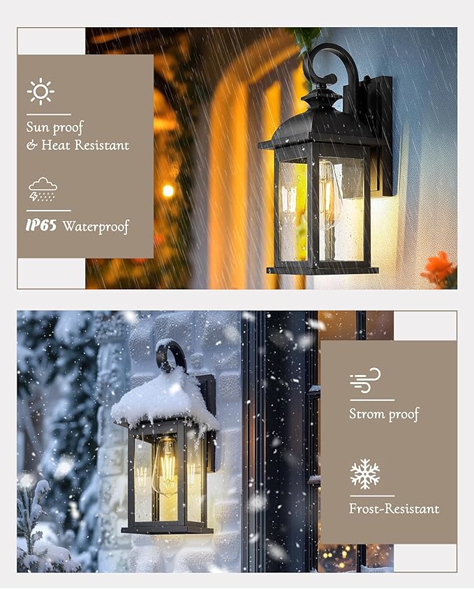 FEMILA Exterior Wall Sconce,2 Packs Outdoor Waterproof Wall Lights Fixture,E26 Socket Wall Lantern for Porch,Anti-Rust Matte Black Finish with Seeded Glass Lampshade,4FD54B-2PK BK