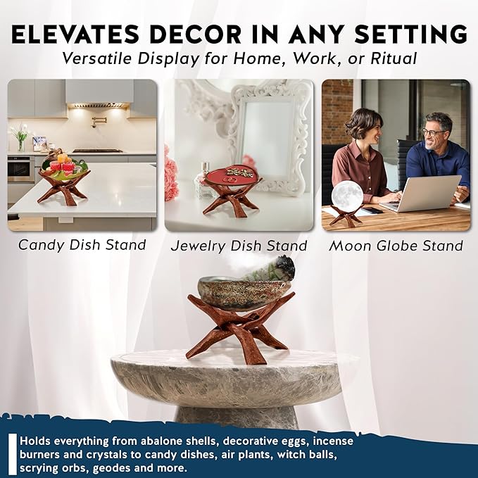 Alternative Imagination Wooden Tripod Display Stand – 6-Inch Hand Carved Holder Made from Sustainable Mango Wood – Folding Reddish-Brown Stand for Abalone Shell, Crystal Ball, Key Bowl, Trinket Dish, Incense, Decor and More