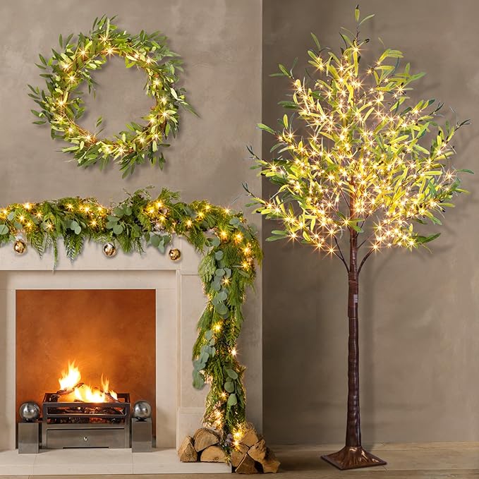 Artificial Lighted Olive Tree, Vanthylit 6ft Faux Plant Tree with 300 LED Fairy Lights, Prelit Fake Eucalyptus Greenery Tree Light with Leaves and Fruits Indoor Outdoor Home Bedroom Christmas Decor
