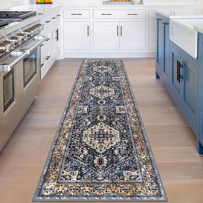 KOZYFLY Runners for Hallways 2x8 Ft Washable Kitchen Runner Rug Boho Runner Rug for Entryway Indoor Gold Navy Printed Oriental Faux Wool Floor Carpet Runner for Bedroom Kitchen Hall