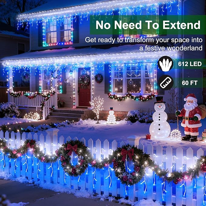 612 LED Christmas Lights with 136 Drops, 60ft 12 Modes Hanging ice String Lights with Timer & Dimmable & Waterproof, Plug-in Fairy Lights for Holiday Wedding Party Christmas Decor Blue & CoolWhite