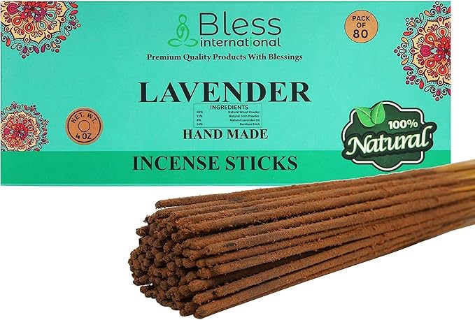 Bless-Lavender 100%-Natural-Handmade-Hand-Dipped-Incense-Sticks Organic-Chemicals-Charcoal-Free Purification-Relaxation-Positivity-Yoga-Meditation Best-Woods-Scent (80 Sticks (4.20 OZ))
