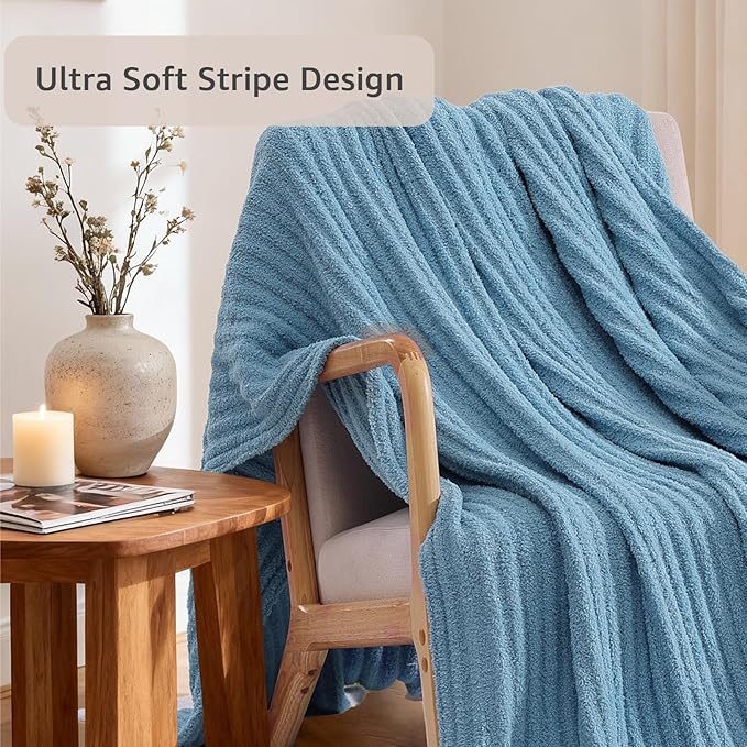 WRENSONGE Striped Throw Blanket, Blue Soft Cozy Fluffy Warm Hand Made Throw Blankets for Couch, Sofa, Chair, Bed, Camping, Picnic, Travel Lightweight Bed Blanket - 50"*60"