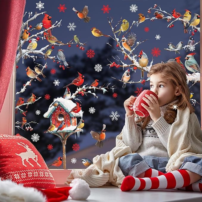 Winter Window Stickers Christmas Window Clings Double-Sided Xmas Sticker for Indoor Outdoor Decor Winter Birds Tree Branch Windows Decals for New Year Christmas Holiday Party Living Room Home Decor