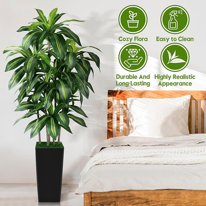 Artificial Dracaena Tree Indoor, 5FT Tall Fake Tree with Black Tall Planter, Artificial Trees Fake Yucca Potted Tree for Home Office Living Room Decor, Tall Artificial Plant for Housewarming