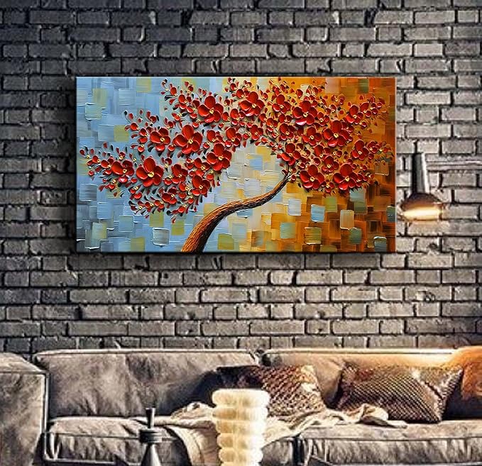 YaSheng Art -handpainted Texture Flowers Contemporary Art Oil Painting On Canvas Abstract Canvas Art 3D Red Tree Paintings Modern Home Wall Art for living room Bedroom Dining Room Office Wall Decor 24x48inch