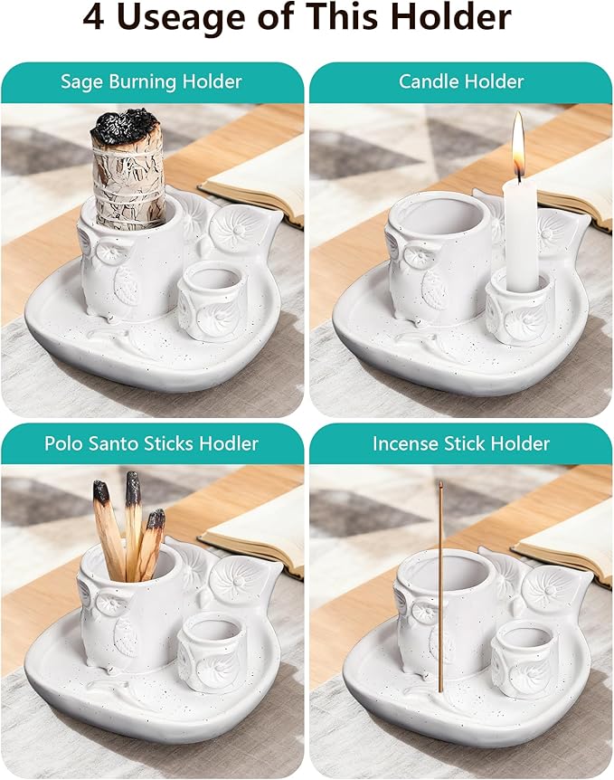 Comeon Palo Santo Holder, 4 in 1 Ceramic Owl Backflow Incense Burner Holder Candle Holder Sage Holder for Burning Bowl, Incense Holder for Sticks for Meditation Yoga Room(White)