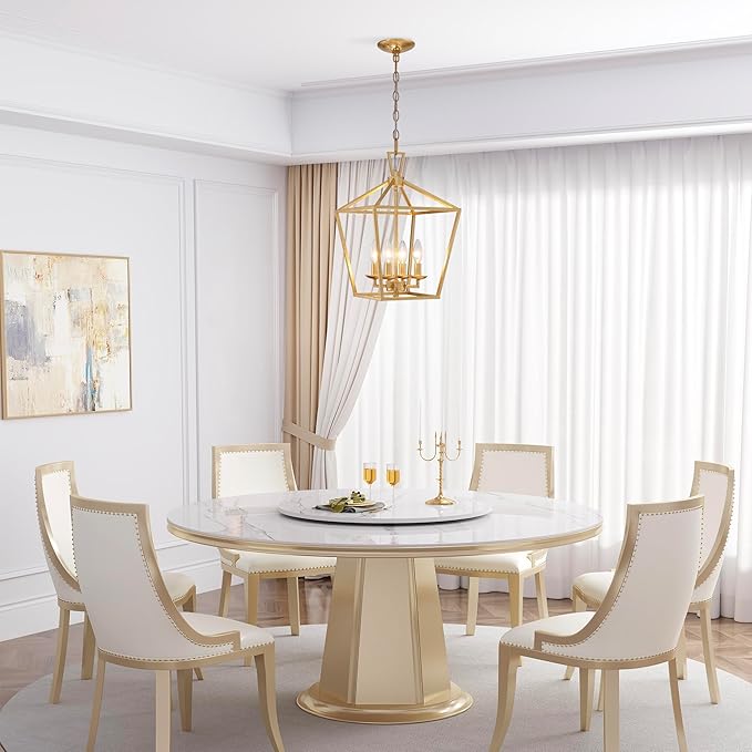Untrammelife 4-Light Gold Lantern Pendant Light, Adjustable Height Metal Geometric Light Fixture 12’’ Classic Cage Lantern Chandelier for Kitchen Island Hallway, Hand-Pasted Gold Foil Finish