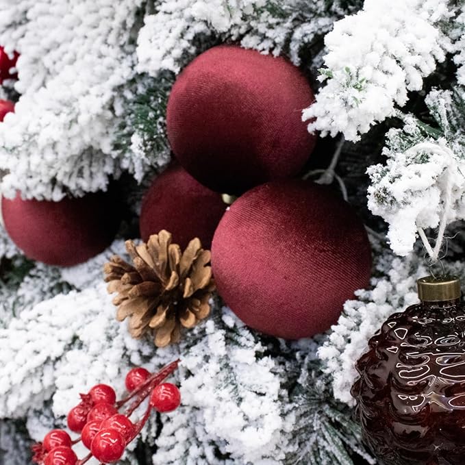 18PCS Burgundy Red Velvet Christmas Ornaments Set – Large Flocked Shatterproof Baubles for Xmas Tree Decoration, Hanging Ornaments for Holiday & Home Décor (Burgundy Red, 3 Inch / 8 cm)