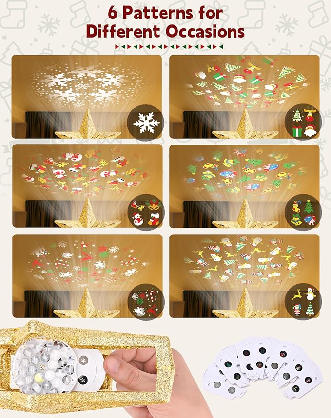 Christmas Tree Topper with 32.8FT Warm Light Cord and 6 Projection Modes, Christmas Star Tree Topper Built-in LED Rotating Projector Lights, 3D Glitter Christmas Tree Decorations (Gold)
