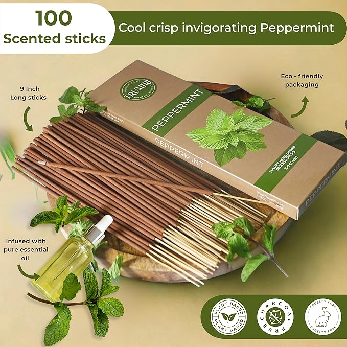 Peppermint Incense Sticks - Pack of 100 Inscents-Sticks - Inciensos Aromaticos Made with Natural Essential Oil - Scented Insence Non Toxic Insense Incents