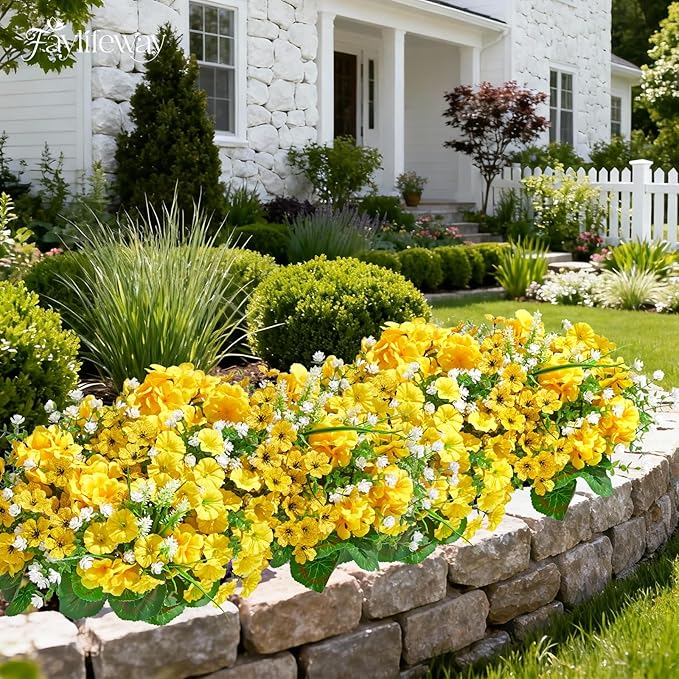 16 Bundles Artificial Flowers for Outdoors, UV Resistant Silk Faux Flowers for Outside Planters,Garden,Porch,Yard,Home Decor(Yellow)