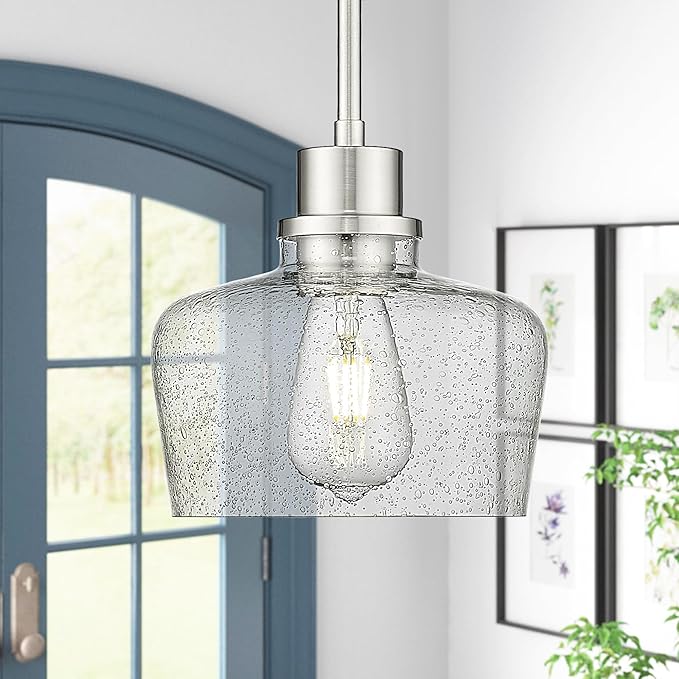 Emak 8 Inch Pendant Lights Kitchen Island, Modern Brushed Nickel Pendant Light Fixtures with Seeded Glass Shade, 1 Light Hanging Light for Kitchen Island, Dining Room, Bathroom, Bedroom, PL122-BN