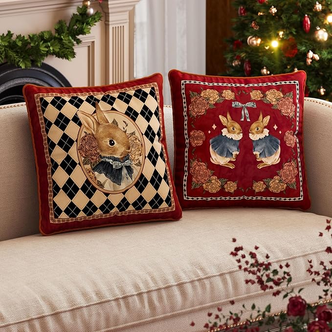 Grandmillennial Bunny Floral Pillow Cover, Velvet Euro Sham Covers Decorative Throw Pillow Covers 18x18 for Couch Sofa Bed Living Room, Christmas & Holiday, Red