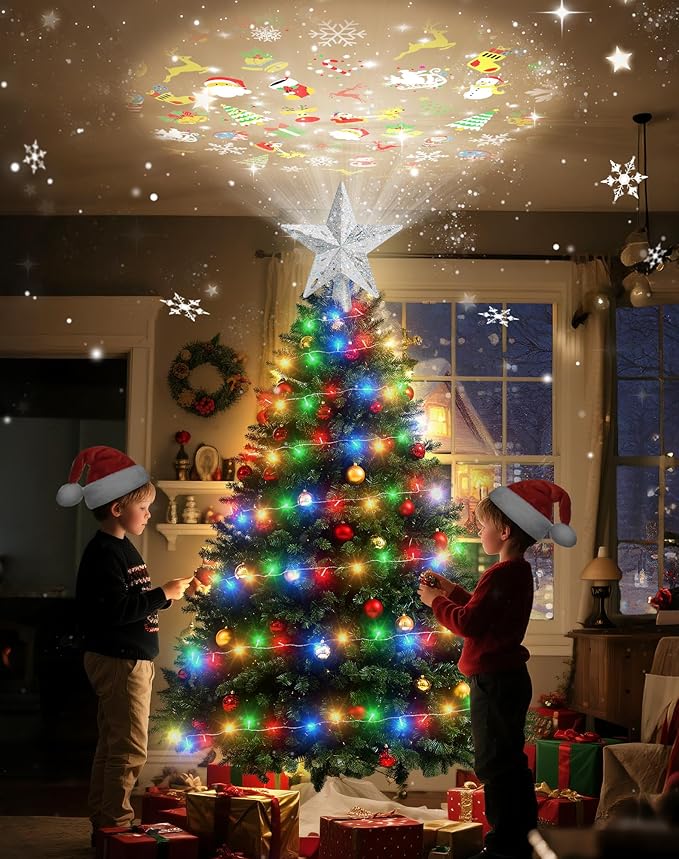 Christmas Tree Topper with 32.8FT Color Light Cord and 6 Projection Modes, Christmas Star Tree Topper Built-in LED Rotating Projector Lights, 3D Glitter Christmas Tree Decorations (Silver)