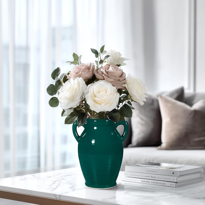 Sunddo Modern Ceramic Vase for Decor - 8 Inch Green Decorative Vase with 2 Handles, Pampas Grass Vases for Centerpieces, Living Room,Table Dining, Mantle, Console, Kitchen Decor