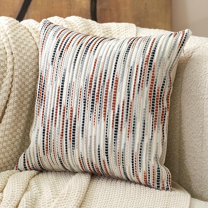 Aeckself Boho Striped Pillow Cover 20x20, Decorative Square Throw Pillow Cover Chenille Neutral Pillowcase for Couch Bedroom Living Room, Orange Gray
