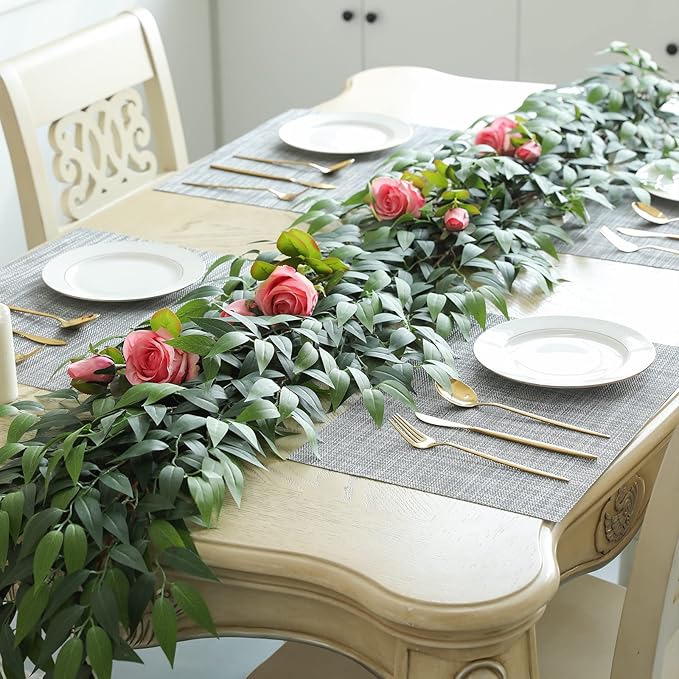 3 Strands Italian Ruscus Artificial Vines, 73" Silk Vine Garland with Green Leaves, Fake Hanging Plants Greenery Decor for Home, Bedroom, Wall, Party, Wedding Decoration