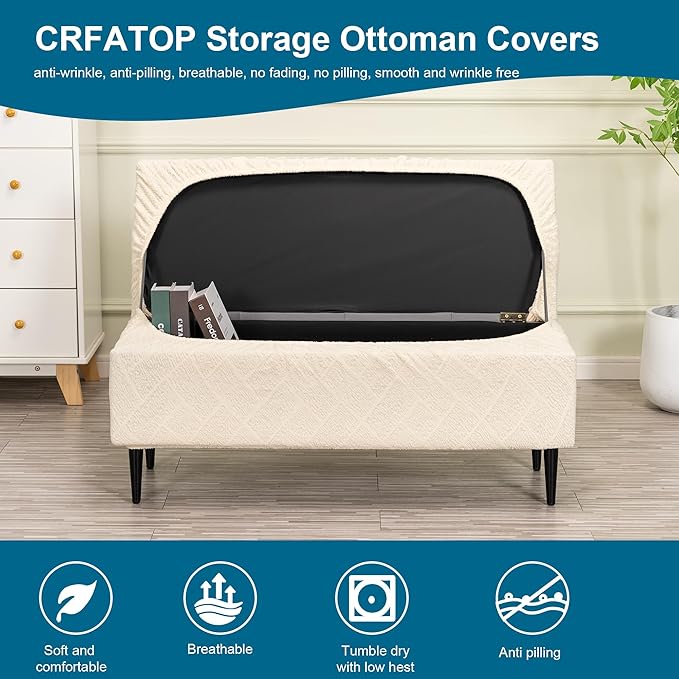 CRFATOP Jacquard Rectangle Ottoman Stool Cover Stretch Folding Storage Footstool Bench Slipcovers Upholstered Foot Chest Chair Covers Washable Entryway Furniture Protector with Elastic Bands,S,Beige