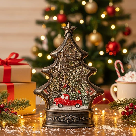 Christmas Snow Globe Lantern Water Glittering Christmas Tree with Red Truck, USB Lined/Battery Operated Lighted Lantern for Christmas Festival Decoration Gifts