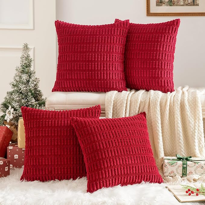 MIULEE Pack of 4 Christmas Red Corduroy Decorative Throw Pillow Covers 18x18 Inch Soft Boho Striped Pillow Covers Modern Farmhouse Home Decor for Sofa Living Room Couch Bed