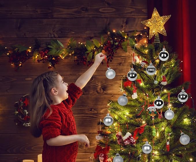 Hollyone 1.57" Silver Christmas Ornaments - 36 Pcs Mini Shatterproof Balls - Christmas Tree Decorations - Small Xmas Ornaments with Hanging Loop - Wedding, Party, Home Decor