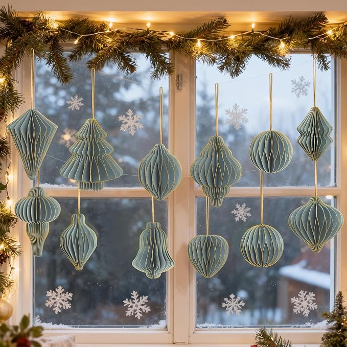 12Pcs Dusty Blue Paper Christmas Party Decorations, 3D Honeycomb Paper Hanging Ornaments with Glitter Edges, Classic Honeycomb Lantern Ornaments for Christmas Trees Winter Wonderland Party